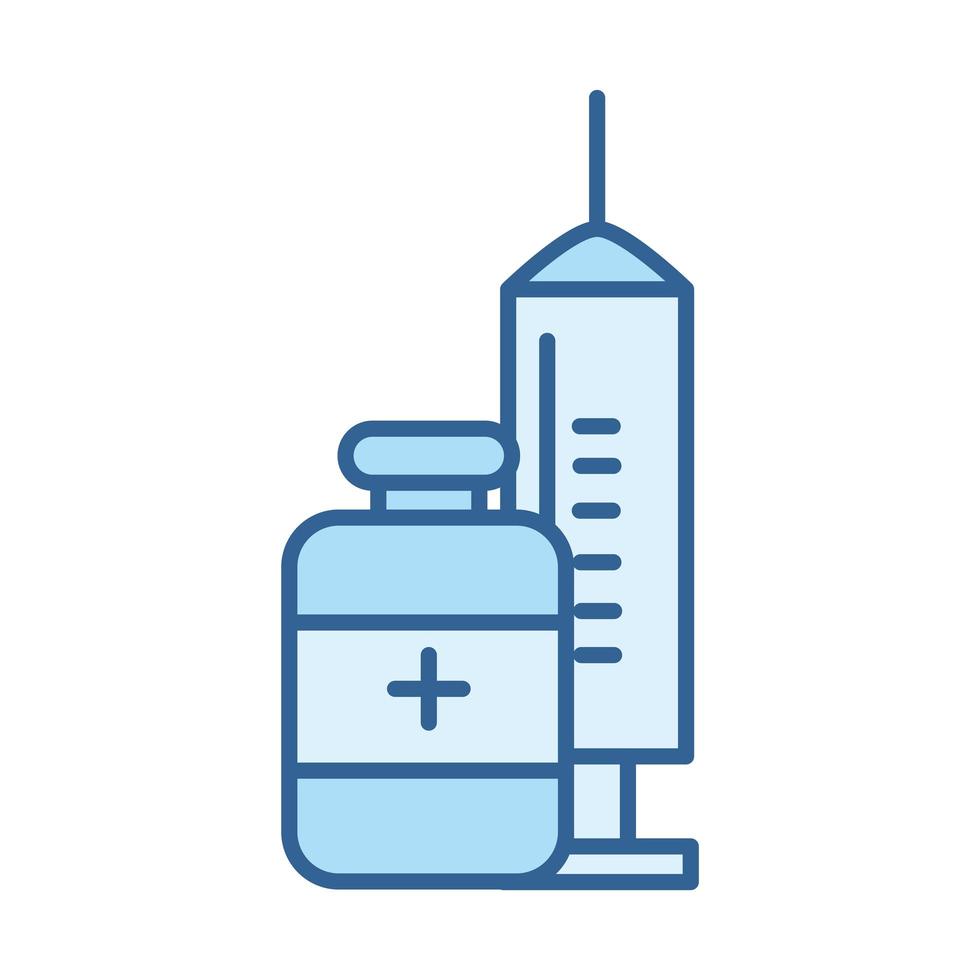 medical syringe and bottle medicine equipment line fill blue icon vector