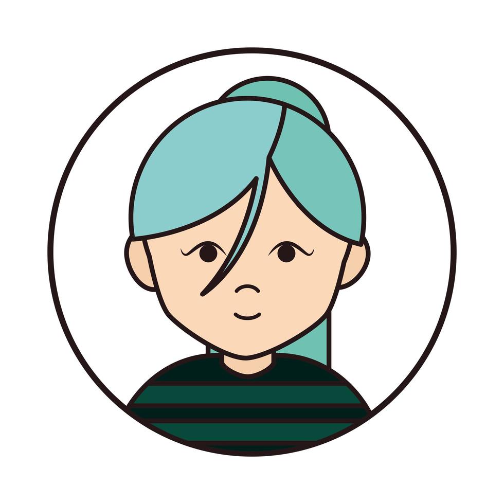 woman with green hair cartoon character portrait female round line icon vector