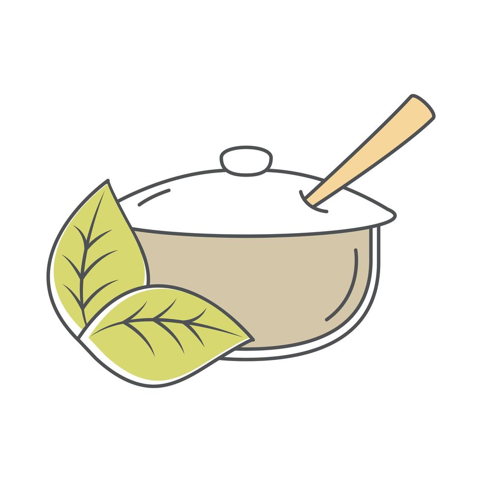 sugar bowl with spoon and leaves line and fill vector