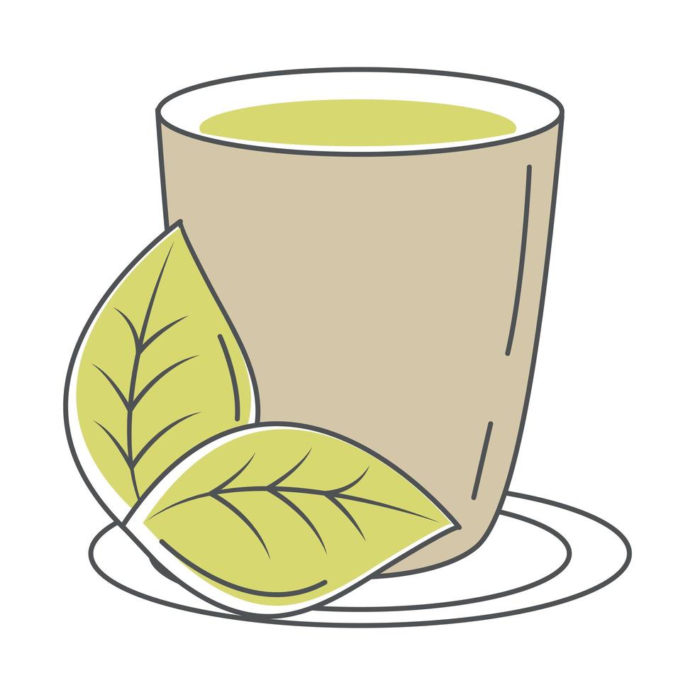 tea cup with leaf in dish line and fill vector