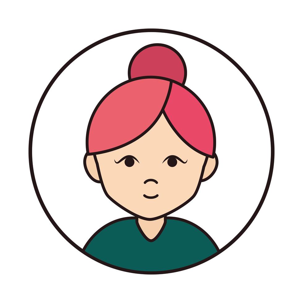 woman cartoon character portrait with bun hair round line icon vector