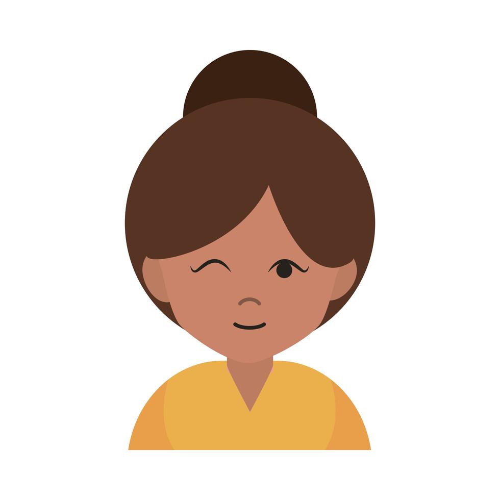 mujer, guiño, y, bollo, pelo, caricatura, retrato, hembra, plano, icono vector