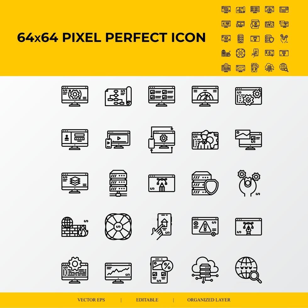 conjunto de iconos perfectos de 64x64 píxeles de línea vectorial de diseño y desarrollo web vector