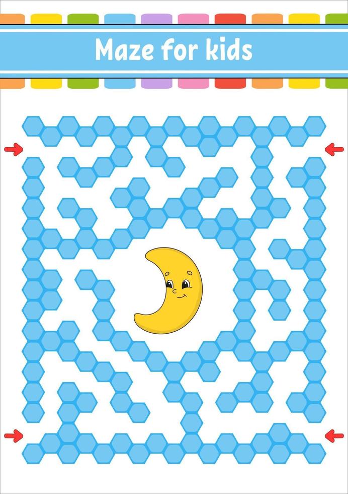 Rectangular color maze. Cute crescent. Game for kids. Funny labyrinth