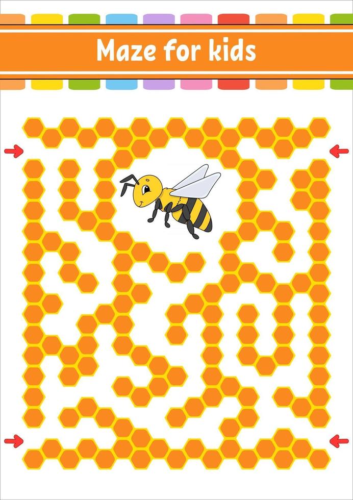 Rectangular color maze. Striped bee. Game for kids. Funny labyrinth. Education developing worksheet. Activity page. Puzzle for children. Cartoon character. Logical conundrum. Vector illustration.