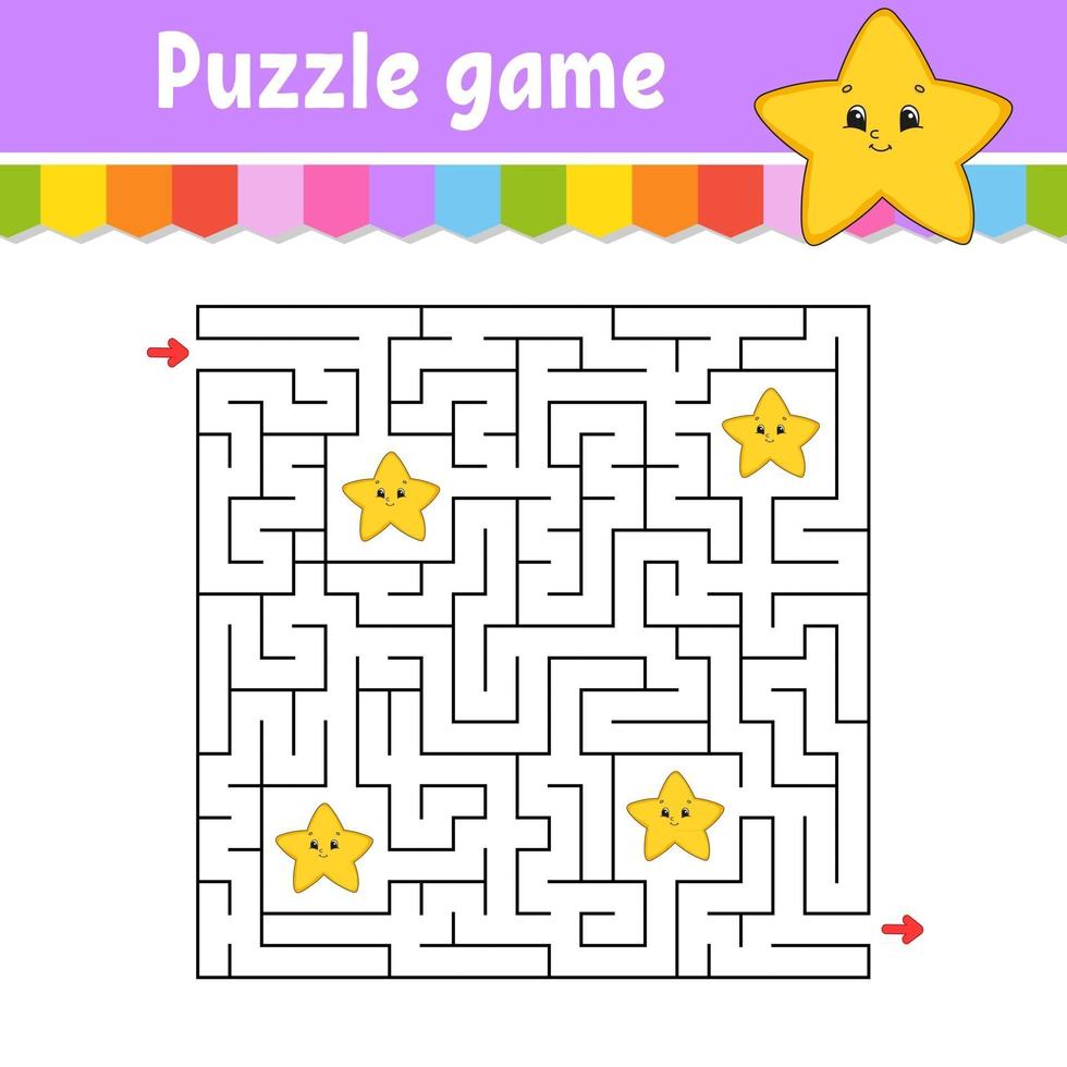 Square maze. Game for kids. Cartoon star. Puzzle for children. Labyrinth conundrum. Color vector illustration. Find the right path. Isolated vector illustration. Cartoon character.