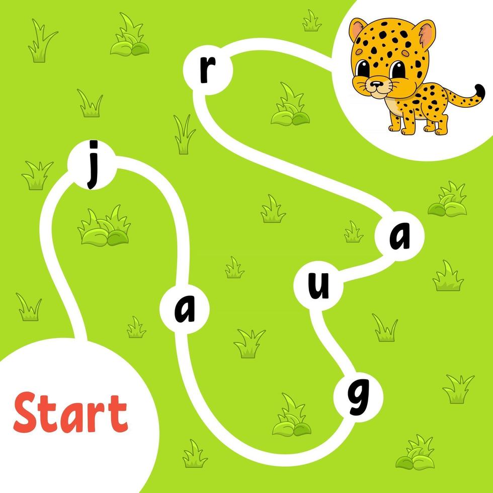 Logic puzzle game. Spotted jaguar. Learning words for kids. Find the hidden name. Education developing worksheet. Activity page for study English. Isolated vector illustration. Cartoon style.