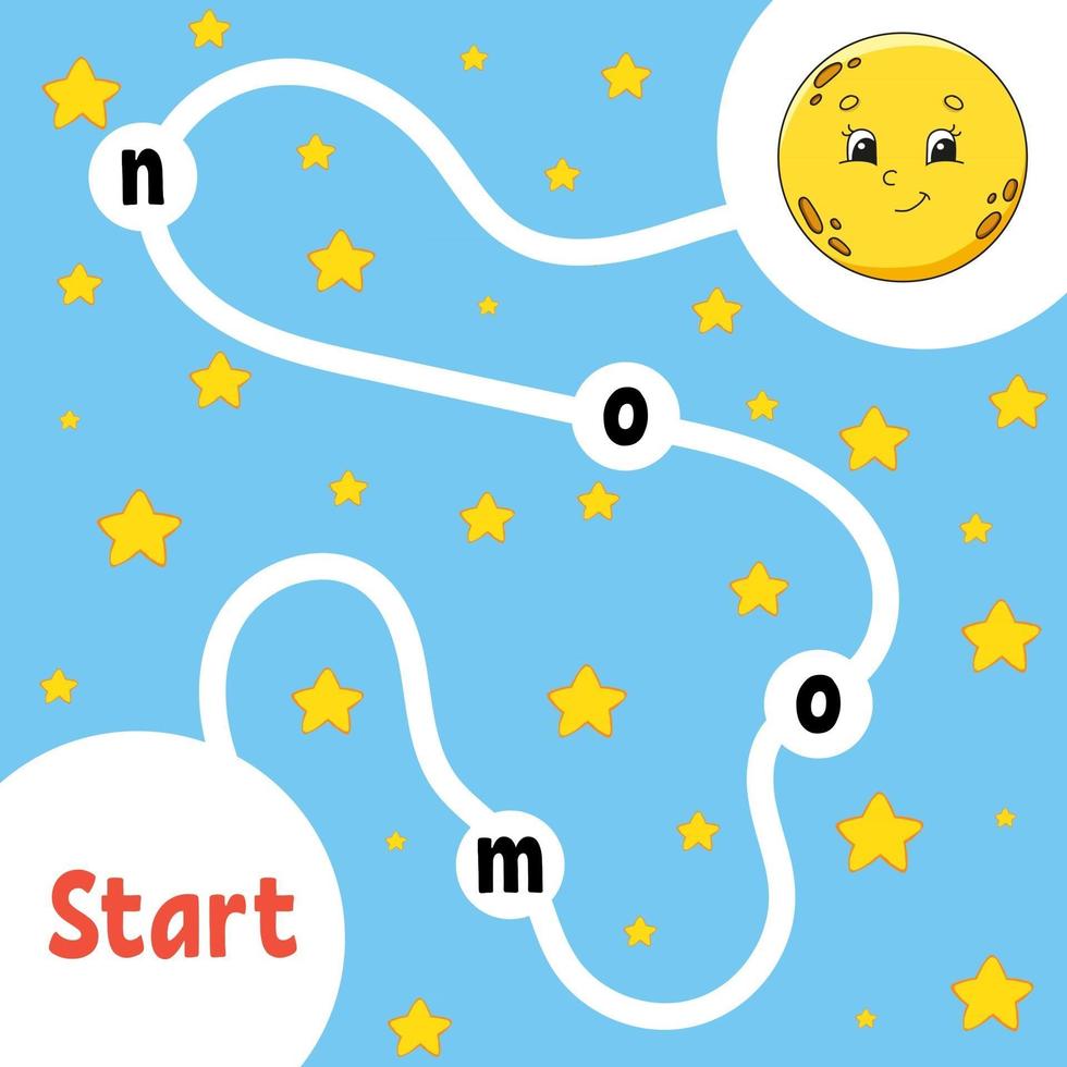 Logic puzzle game. Cute moon. Learning words for kids. Find the hidden name. Education developing worksheet. Activity page for study English. Isolated vector illustration. Cartoon style.