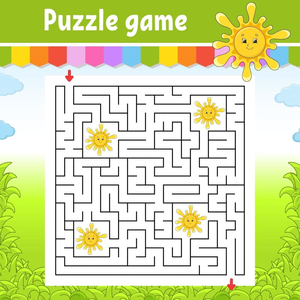 Square maze. Game for kids. Cute sun. Puzzle for children. Labyrinth conundrum. Color vector illustration. Find the right path. Isolated vector illustration. Cartoon character.