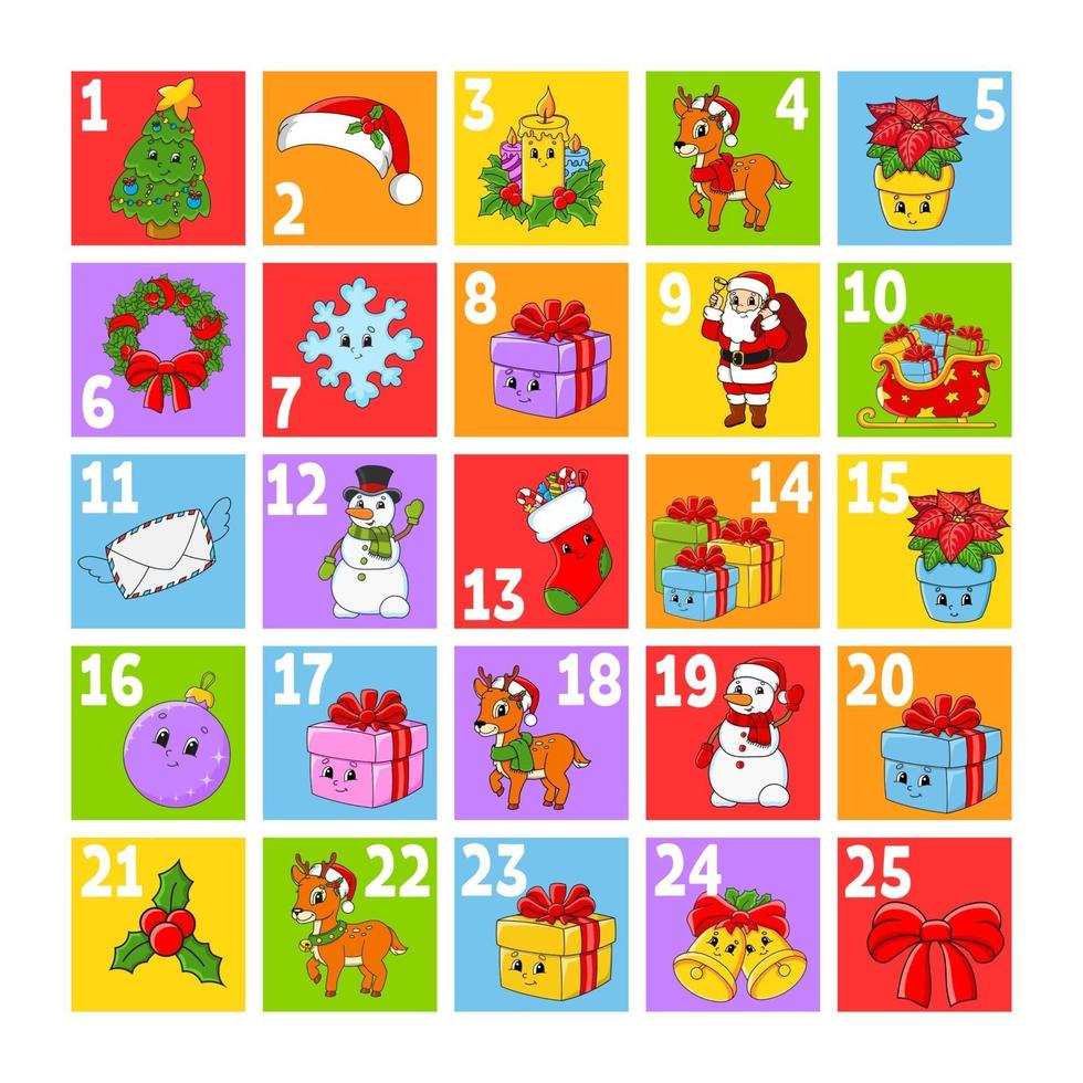 Christmas advent calendar with cute characters. Santa claus, deer, snowman, fir tree, snowflake, gift, bauble, sock. Cartoon style. With numbers 1 to 25. Vector illustration. Holiday preparation.