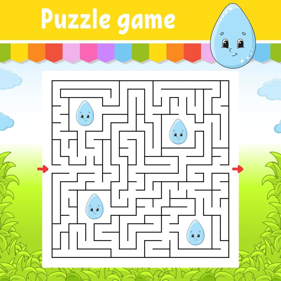 Square maze. Game for kids. Cute drop. Puzzle for children. Labyrinth conundrum. Color vector illustration. Find the right path. Isolated vector illustration. Cartoon character.