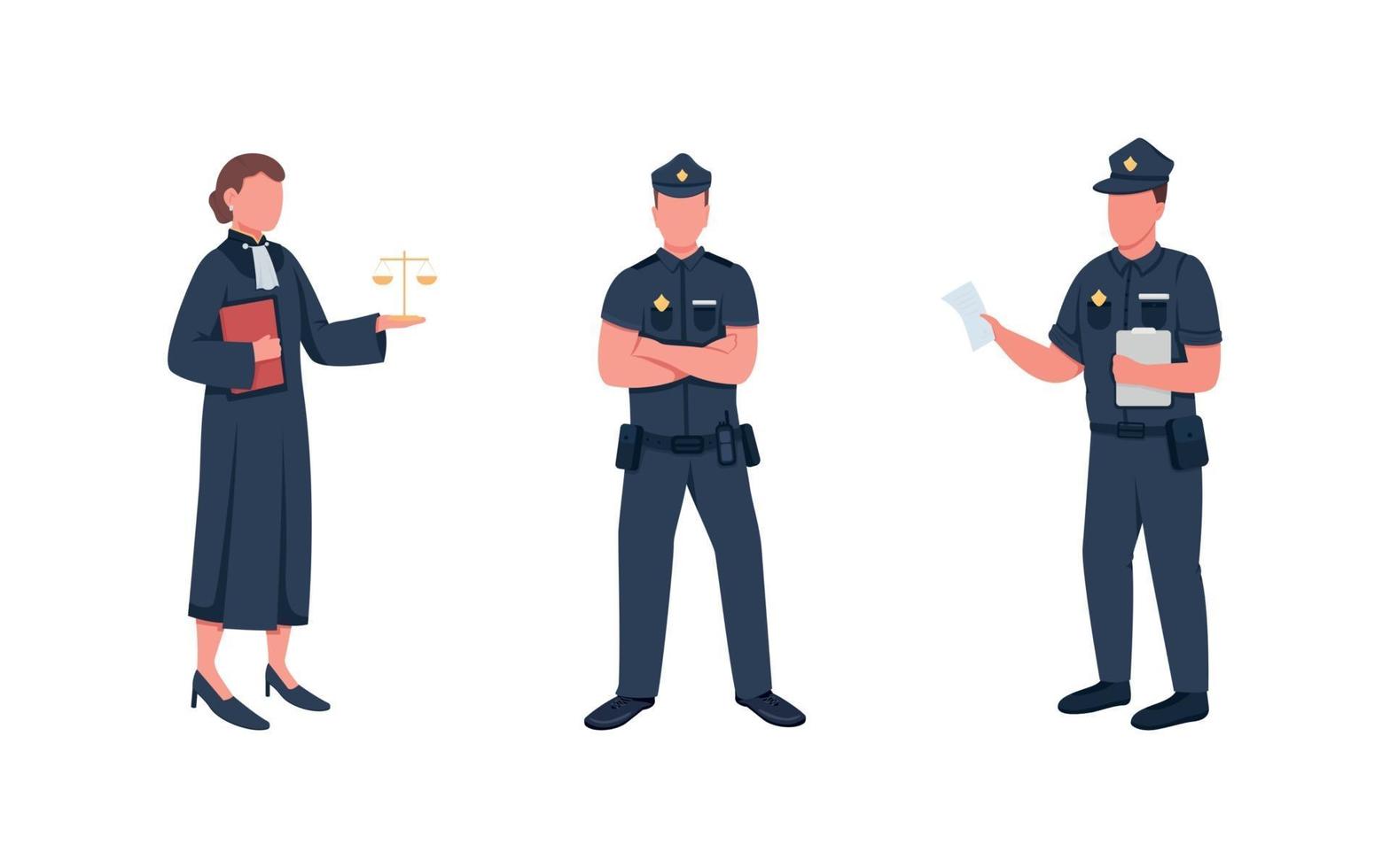 Law enforcement workers flat color vector faceless character set