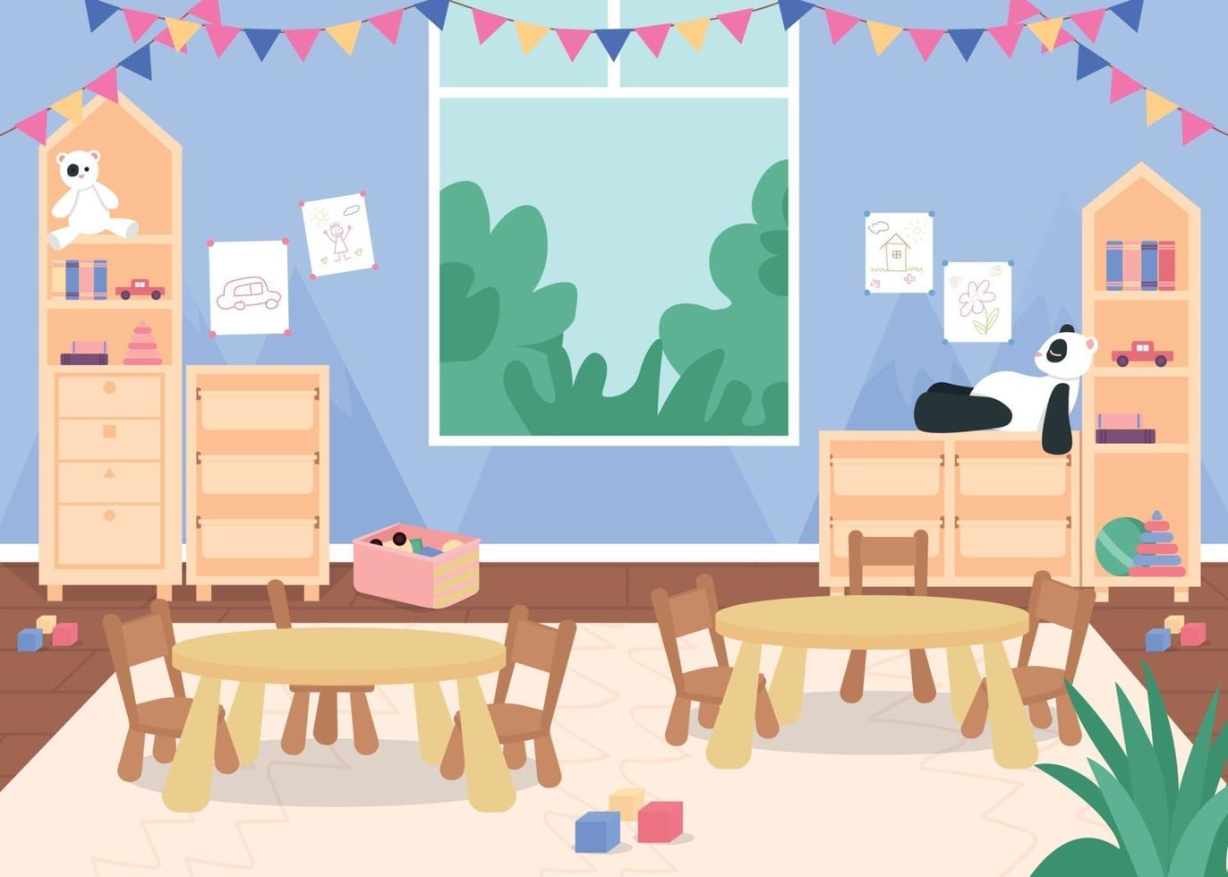 Kindergarten playroom with desks and chair for kids flat color vector illustration