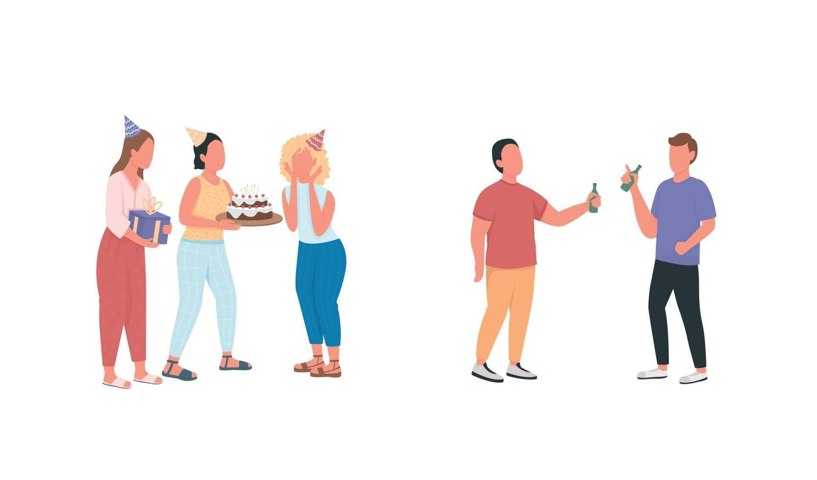 Friends at birthday party flat color vector faceless characters set