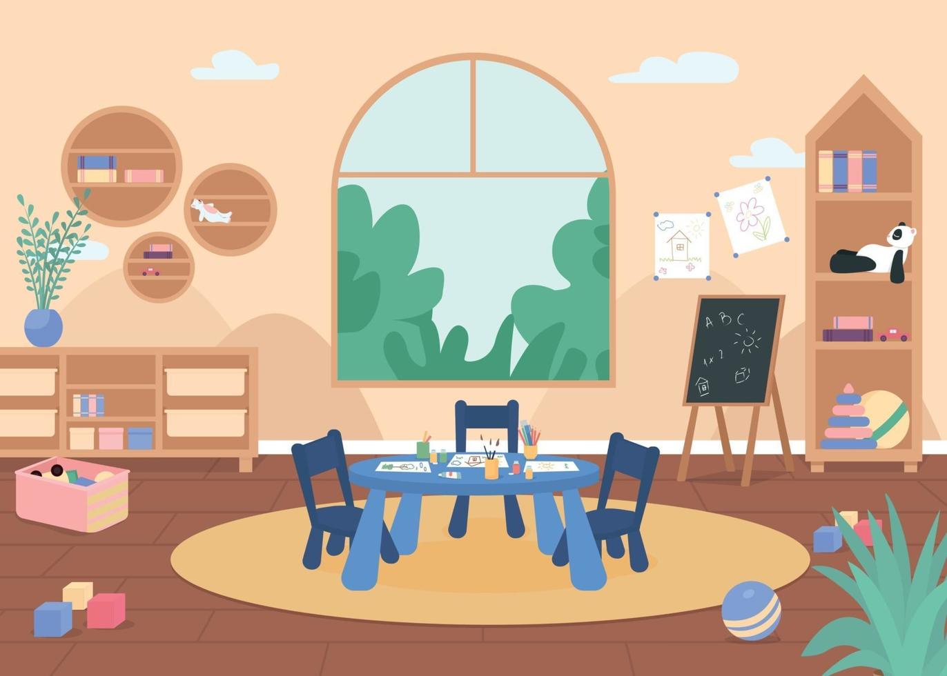 Kindergarten painting class flat color vector illustration