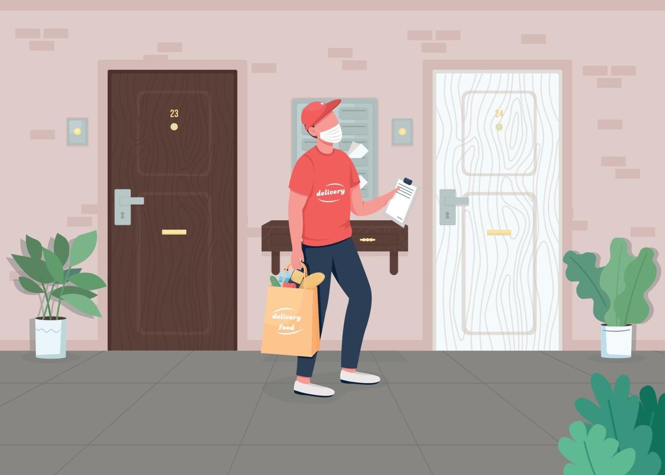 Ilustración de vector de color plano de entrega de comida de puerta