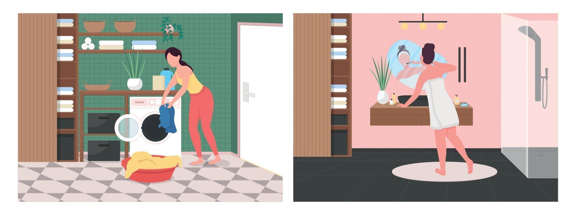 Daily routine in bathroom flat color vector illustration set