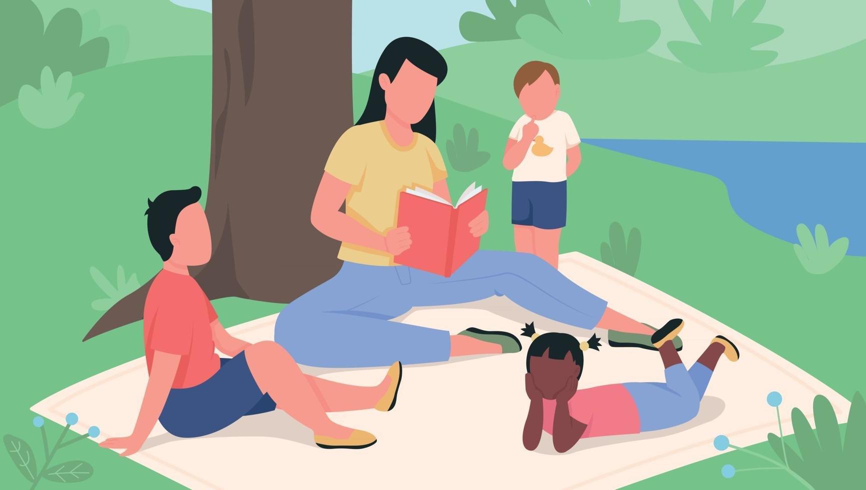Girl reading book to kids in the park flat color vector illustration