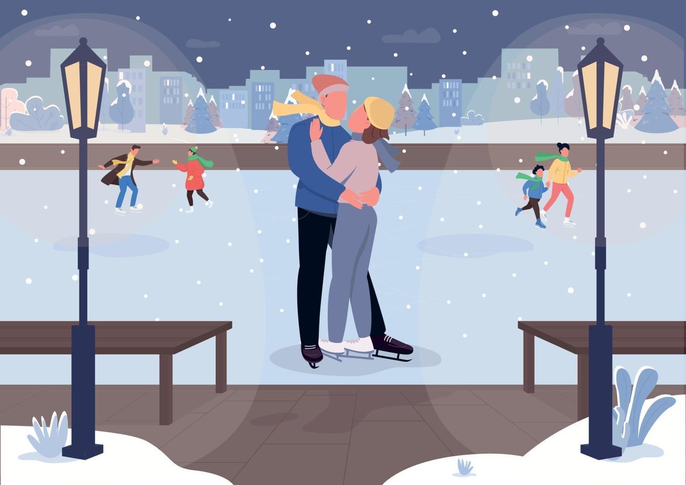 Romantic winter date flat color vector illustration