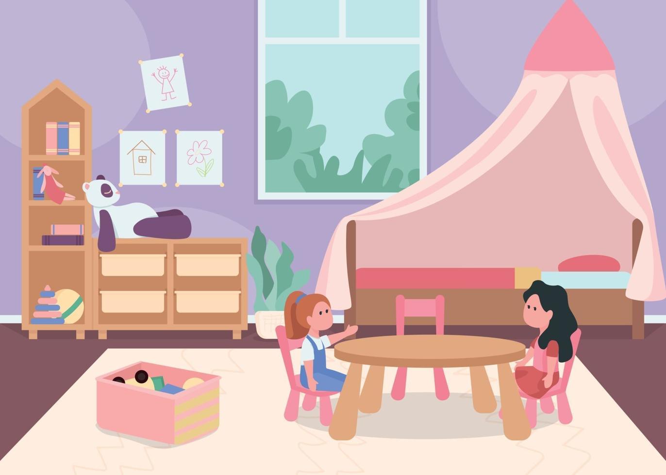 dormitorio infantil para la ilustración de vector de color plano de niña pequeña