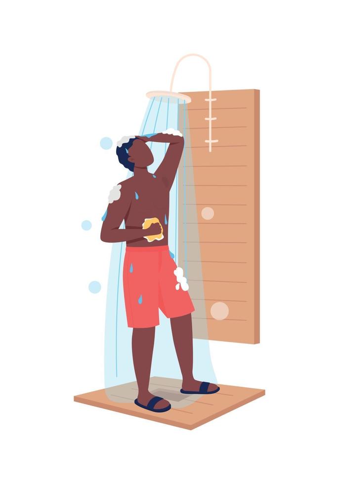 Boy taking shower semi flat color vector character