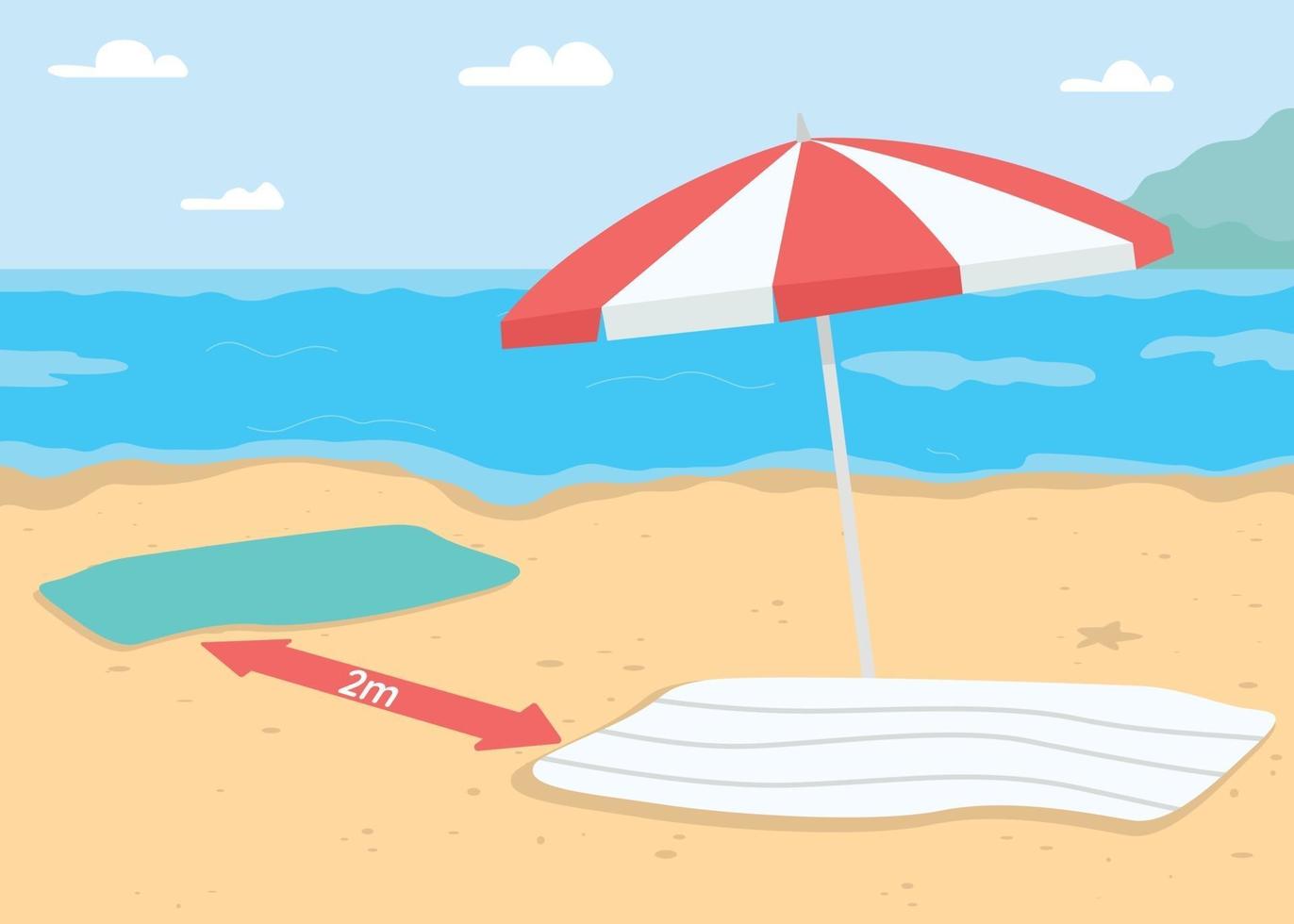 Beach vacation with coronavirus restrictions flat color vector illustration