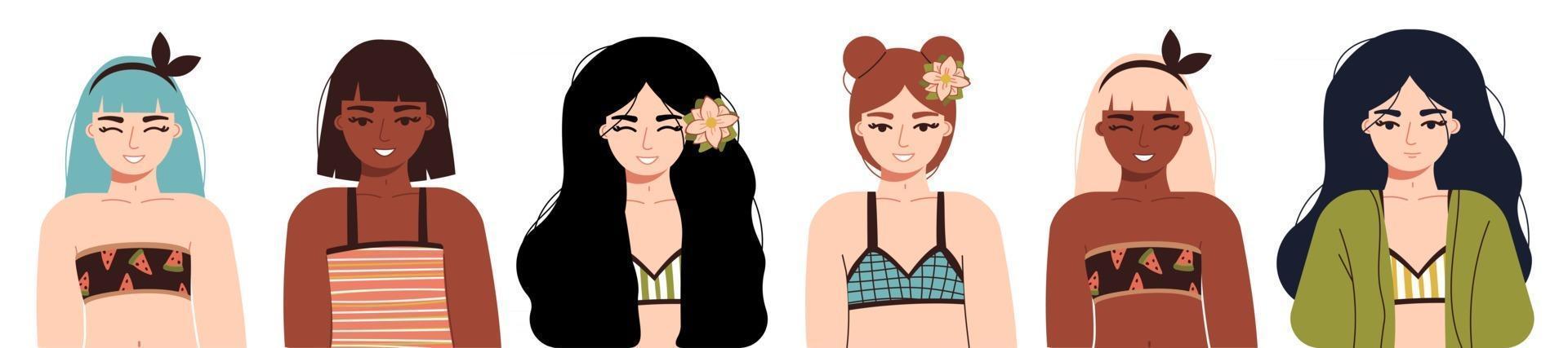 Happy girls in bikinis are resting on the sea Women in bathing suits Beautiful girl in a stylish bikini vector