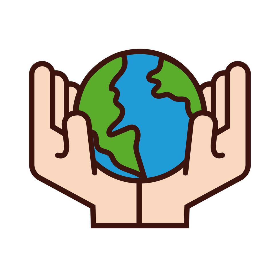 hands lifting world planet earth line and fill style vector