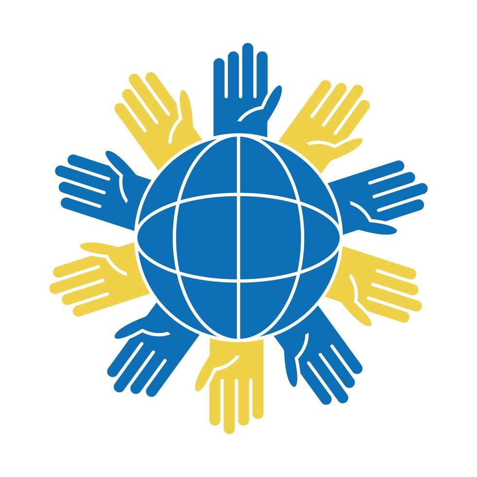 world down syndrome day yellow and blue hands around world healthcare flat style vector