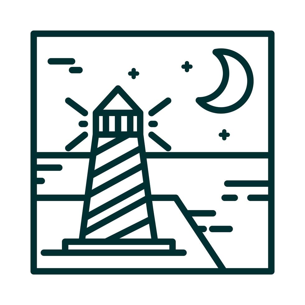 landscape lighthouse ocean moon night sky cartoon line icon style vector