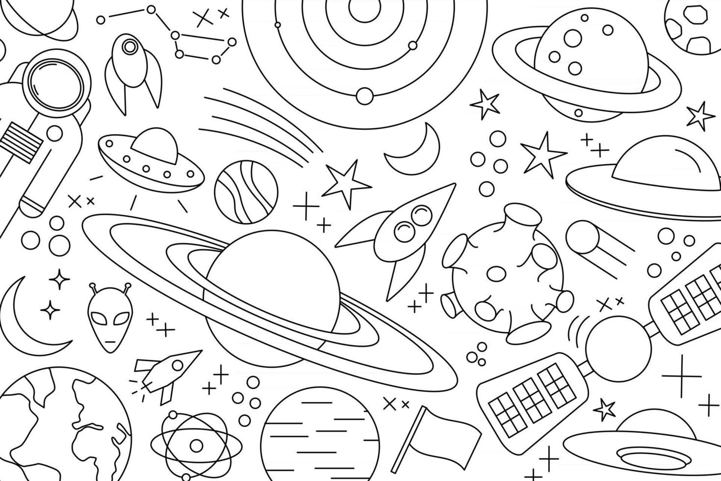 Modern pattern of planet star comet with different rockets Universe line drawings Cosmos vector