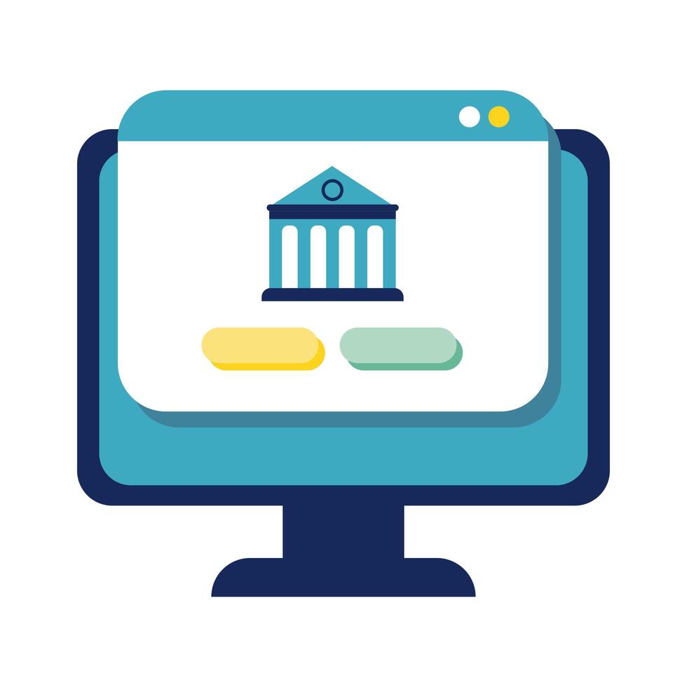 desktop with bank building in webpage flat style vector