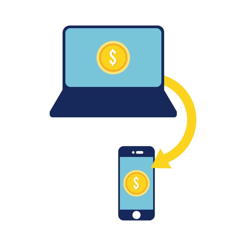 laptop and smartphone with coins flat style icon vector