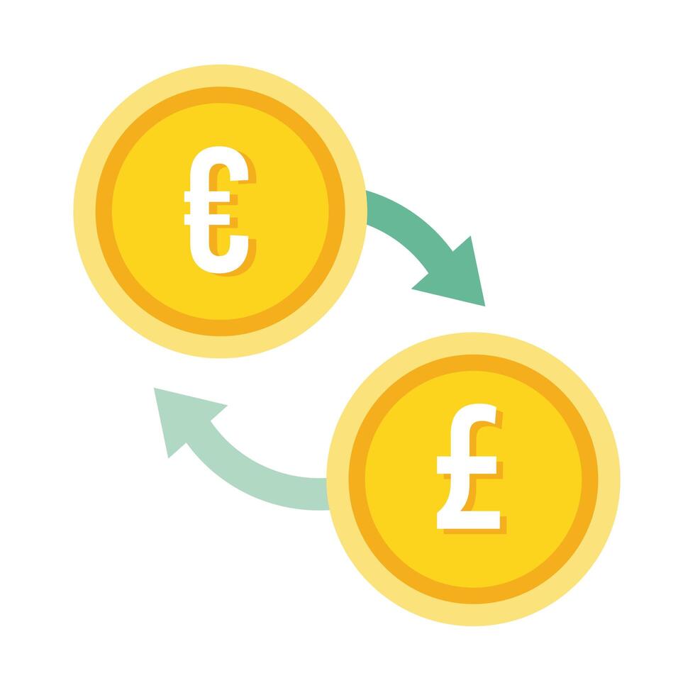 icono de estilo plano de monedas de euro y libras esterlinas vector