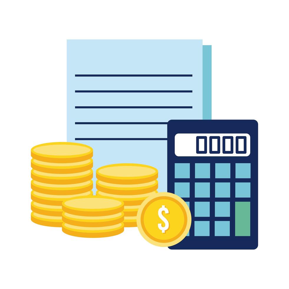 calculator with coins and documents flat style icon vector