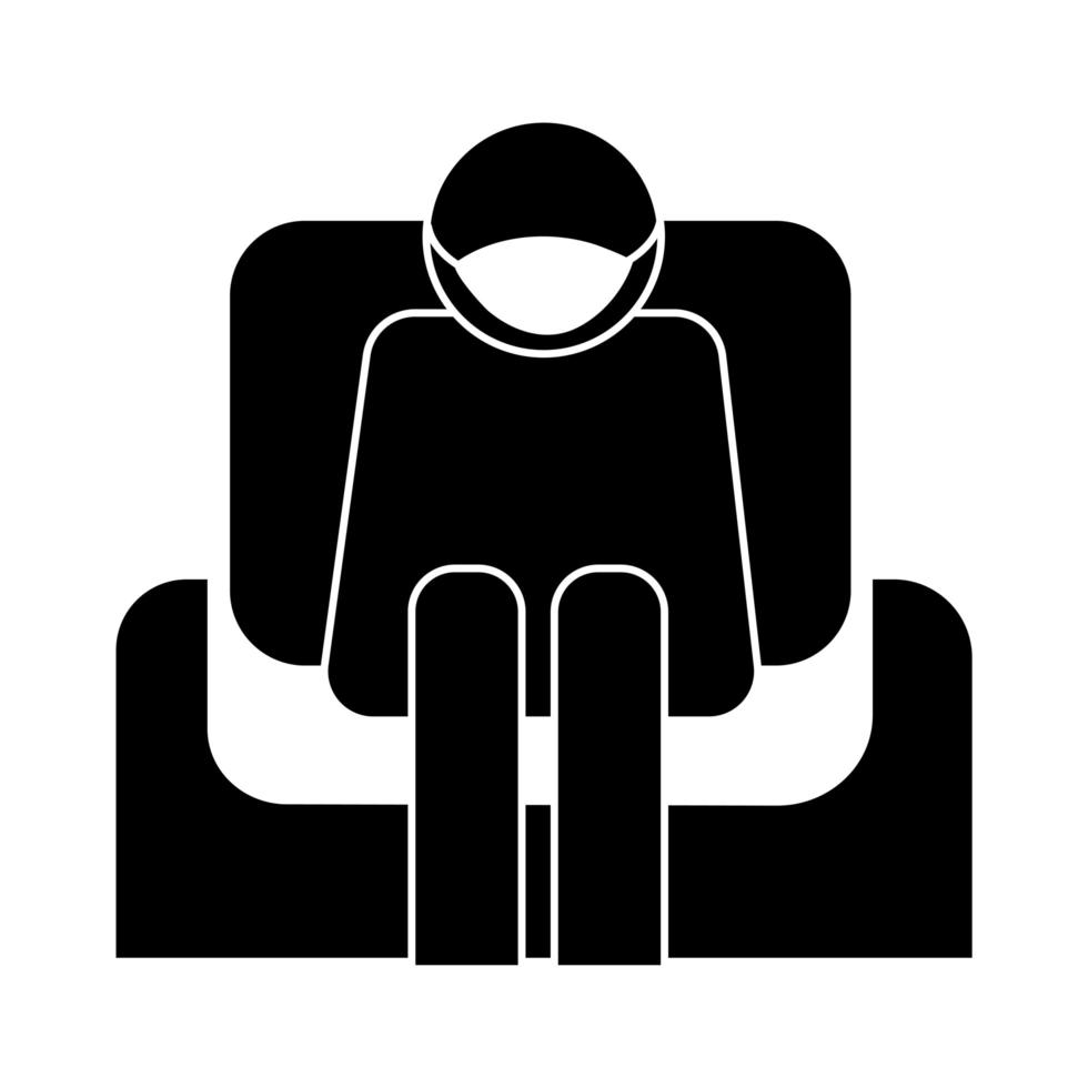 Humanos con mascarilla sentada en un sofá estilo de silueta de pictograma de salud vector