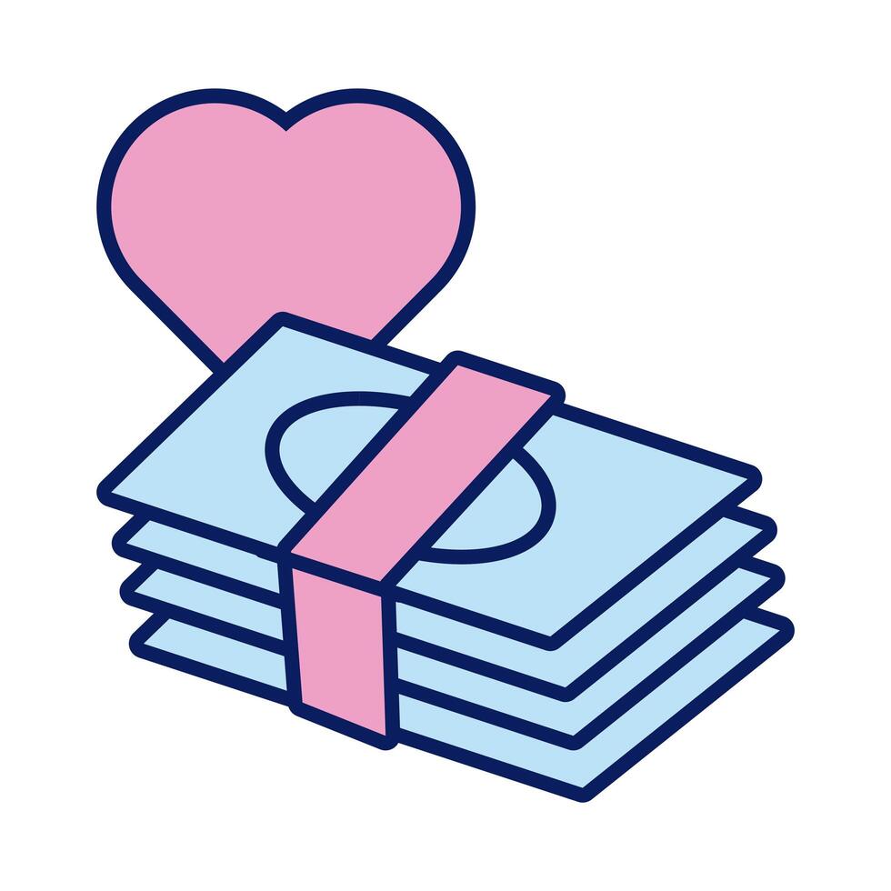 bills dollars with heart solidarity line and fill style vector