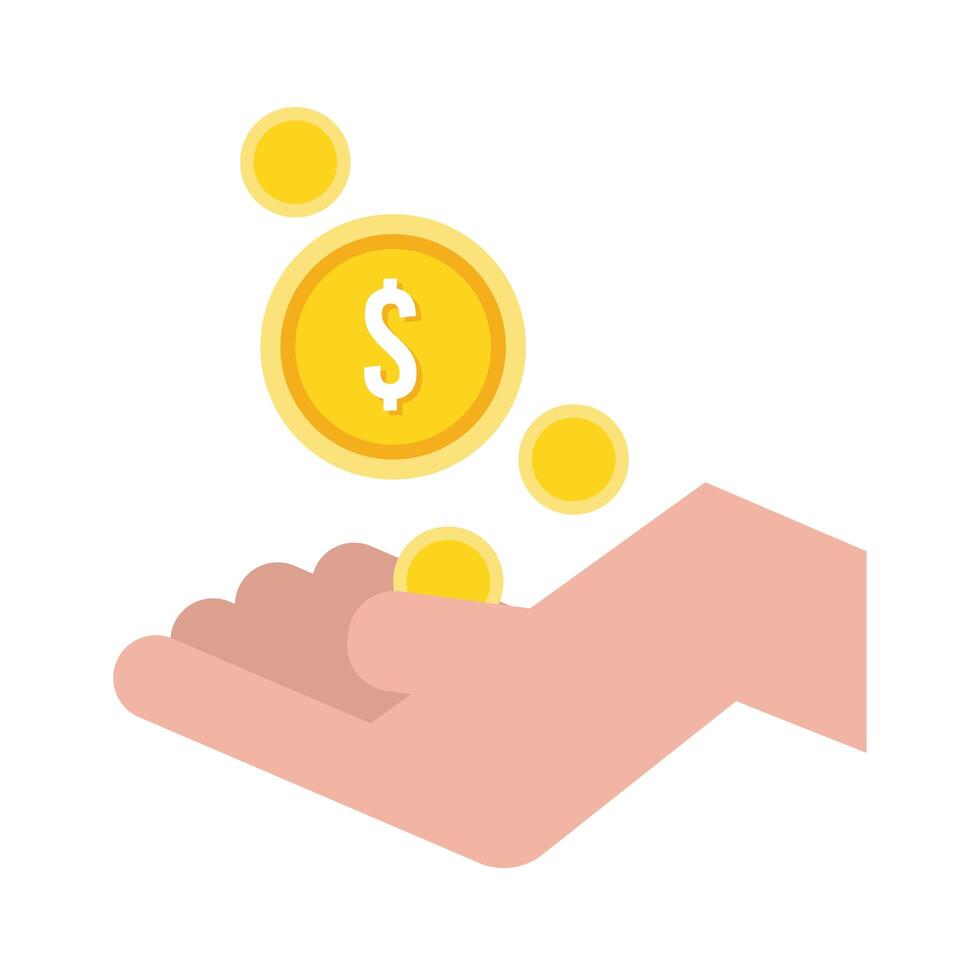 mano con monedas dinero dólares icono de estilo plano vector