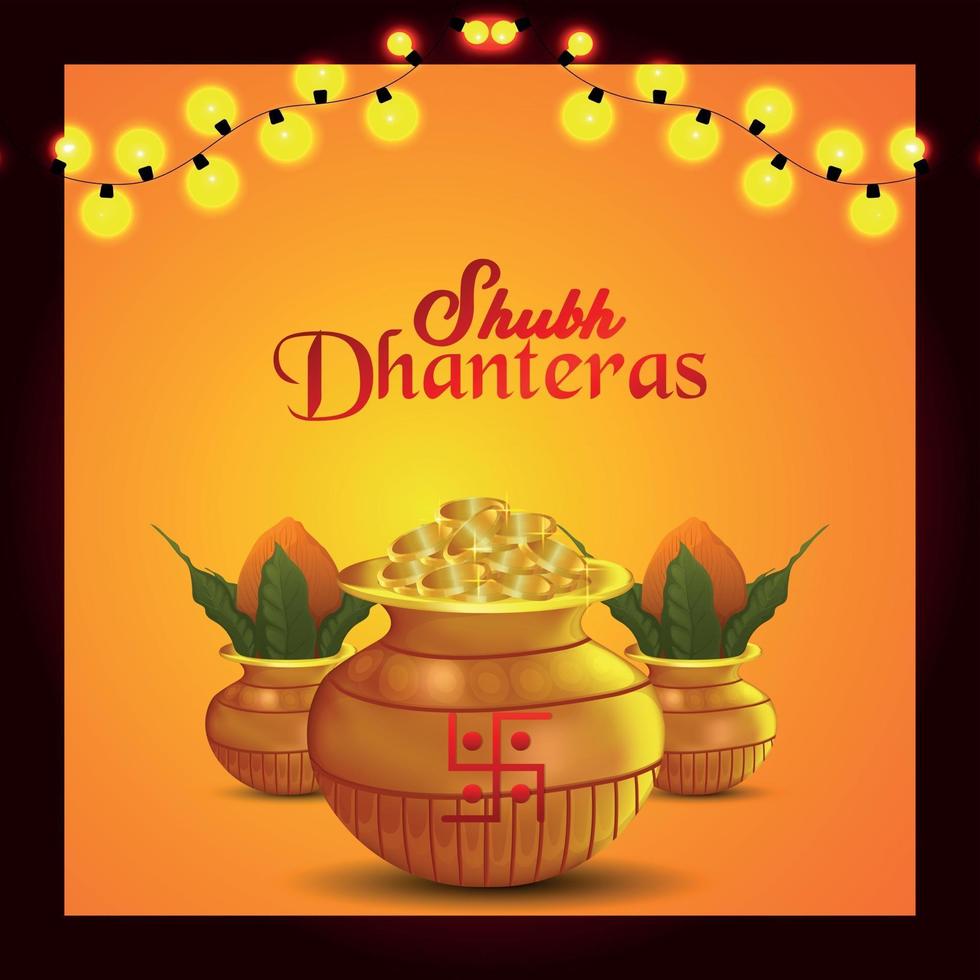 Shubh dhanteras celebration greeting card with gold coin and kalash vector