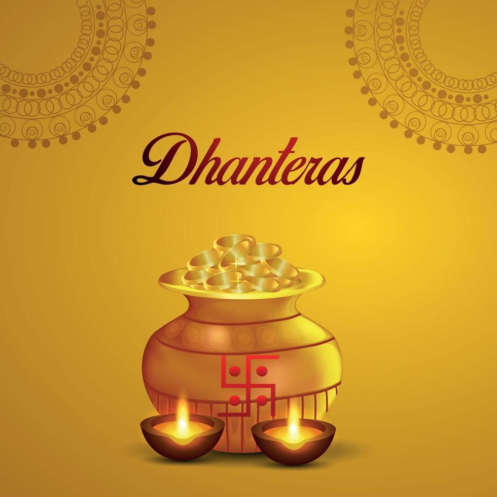 Indian festival happy dhanteras celebration greeting card with gold coin pot on yellow background vector