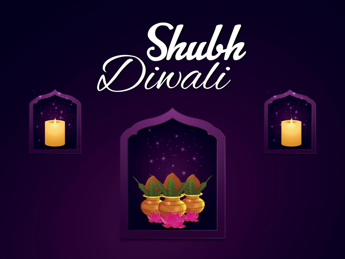 Tarjeta de felicitación de celebración de shubh diwali con kalash sobre fondo púrpura vector