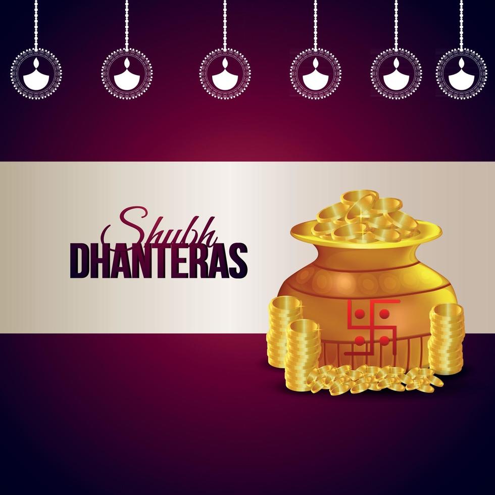 shubh dhanteras ilustración vectorial de olla de monedas de oro sobre fondo púrpura vector