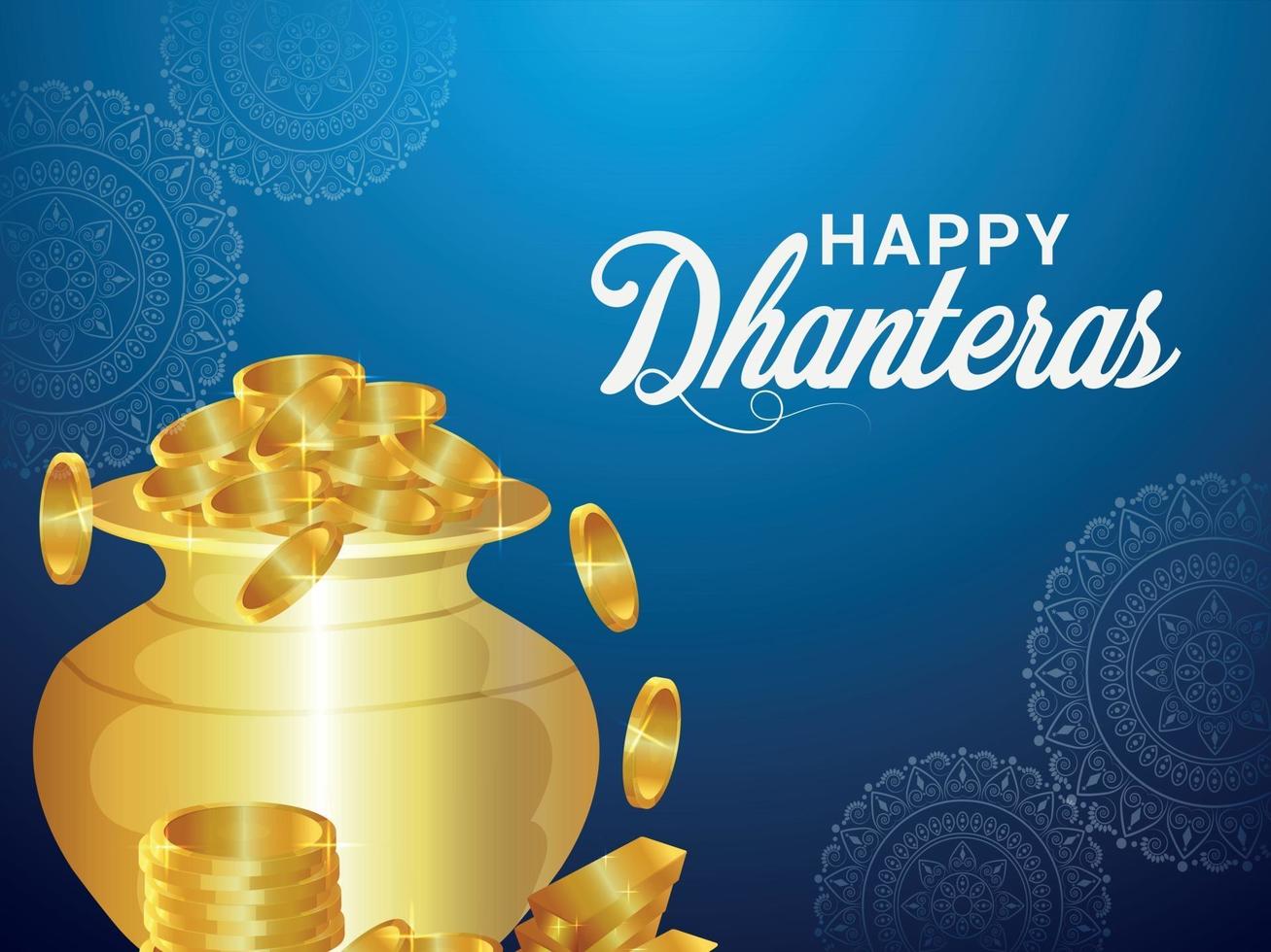 Dhanteras indian festival invitation greeting card with vector illustration of gold coin pot