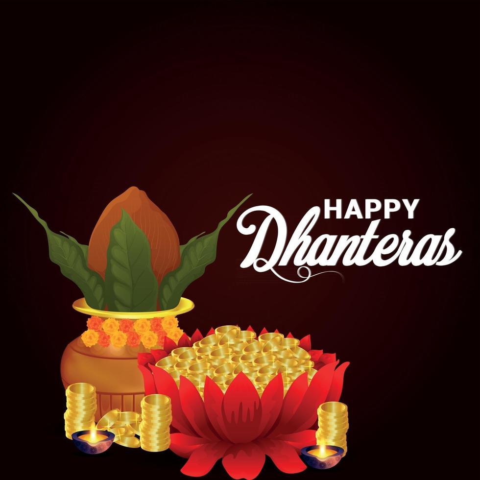 Realistic happy dhanteras celebration background with creative gold coin lotus and gold coin pot vector