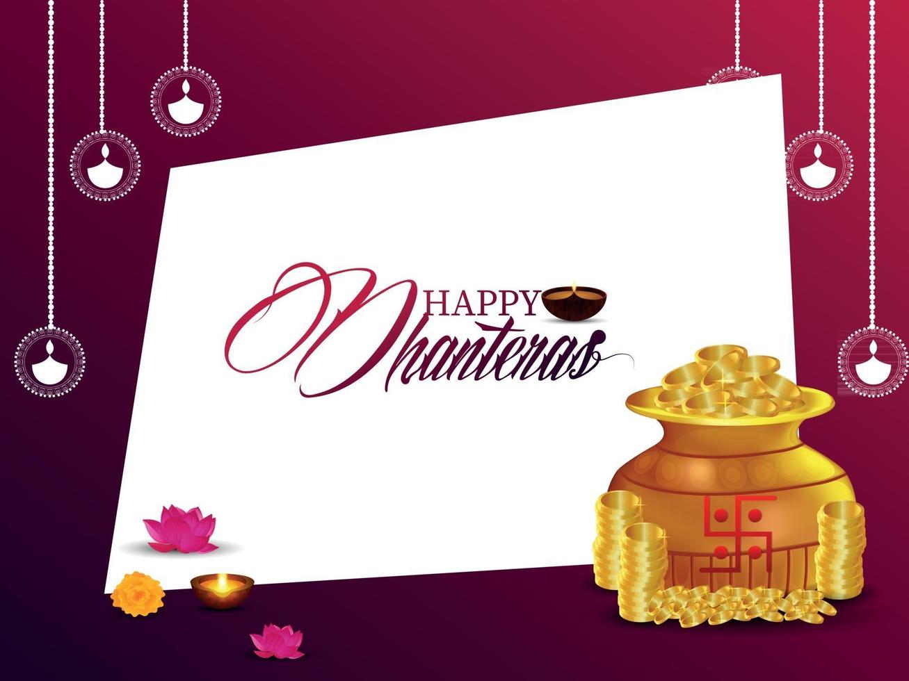 feliz celebración de dhanteras tarjeta de felicitación con olla de monedas de oro vector