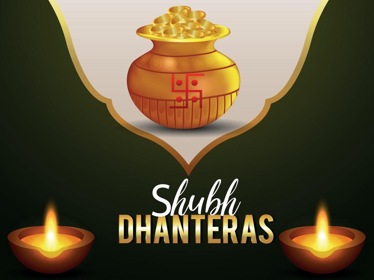 kalash creativo de moneda de oro con diwali diya para dhanteras felices vector