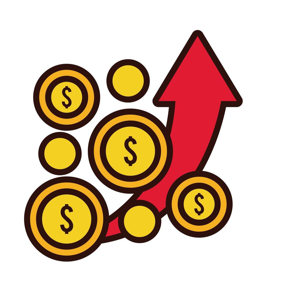 monedas de dólares con flecha hacia arriba y estilo de relleno vector