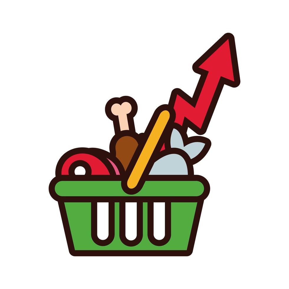 shopping basket with groceries and arrow up line and fill style vector