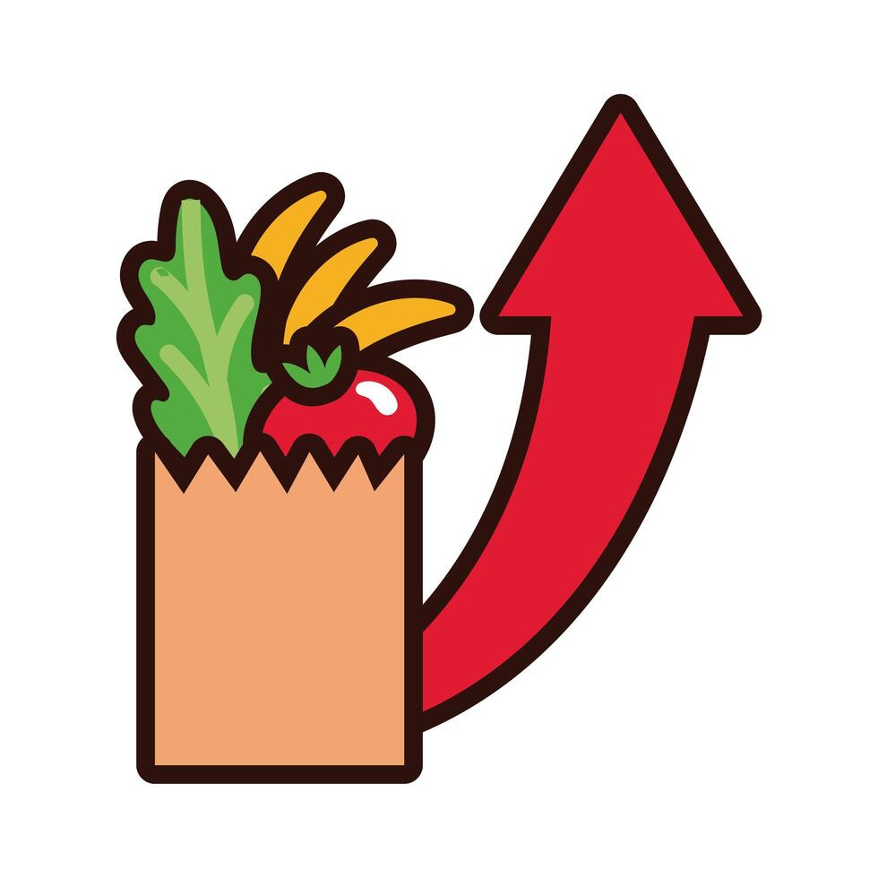 shopping bag with arrow up and groceries line and fill style vector
