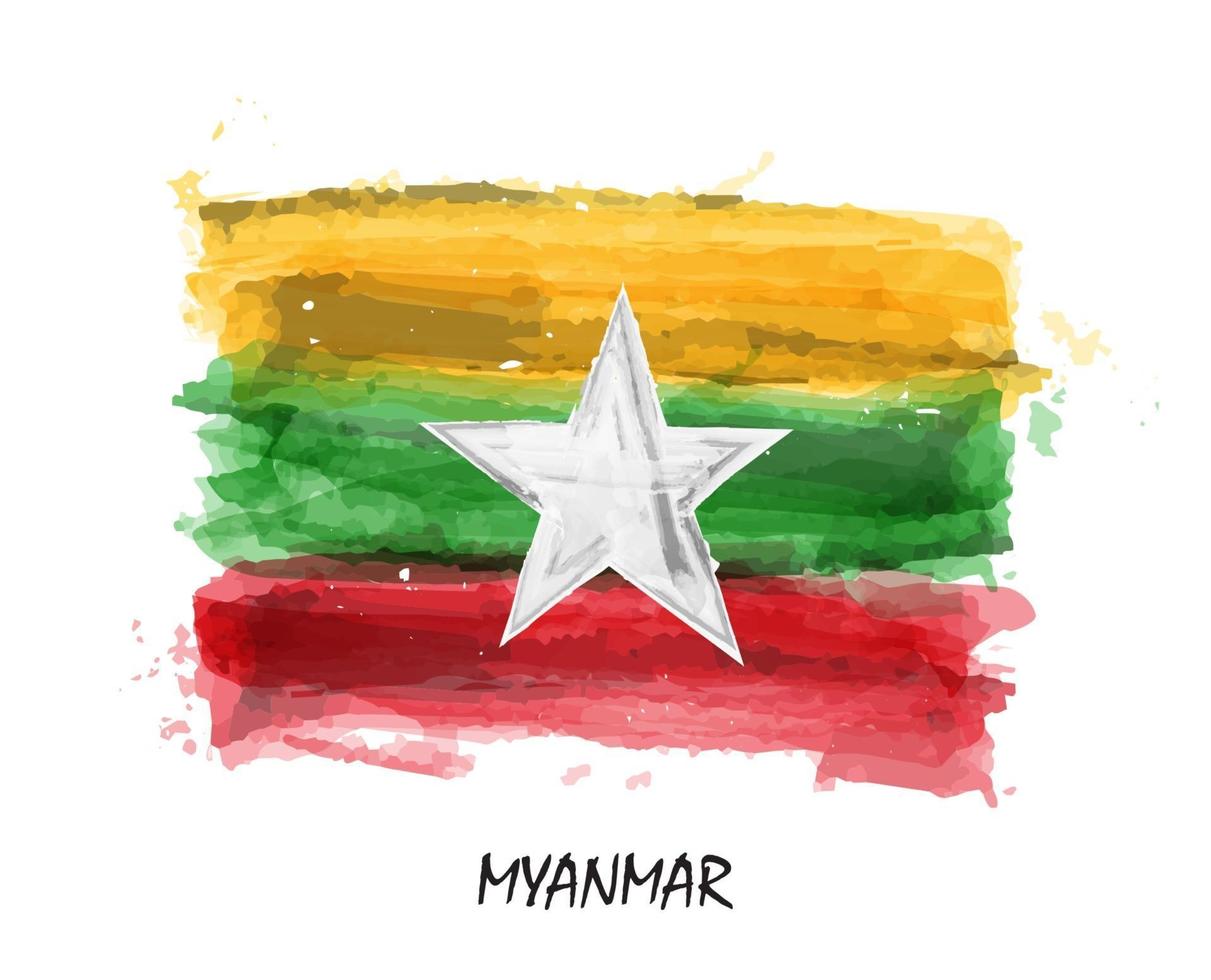 Realistic watercolor painting flag of Myanmar  Burma   Vector